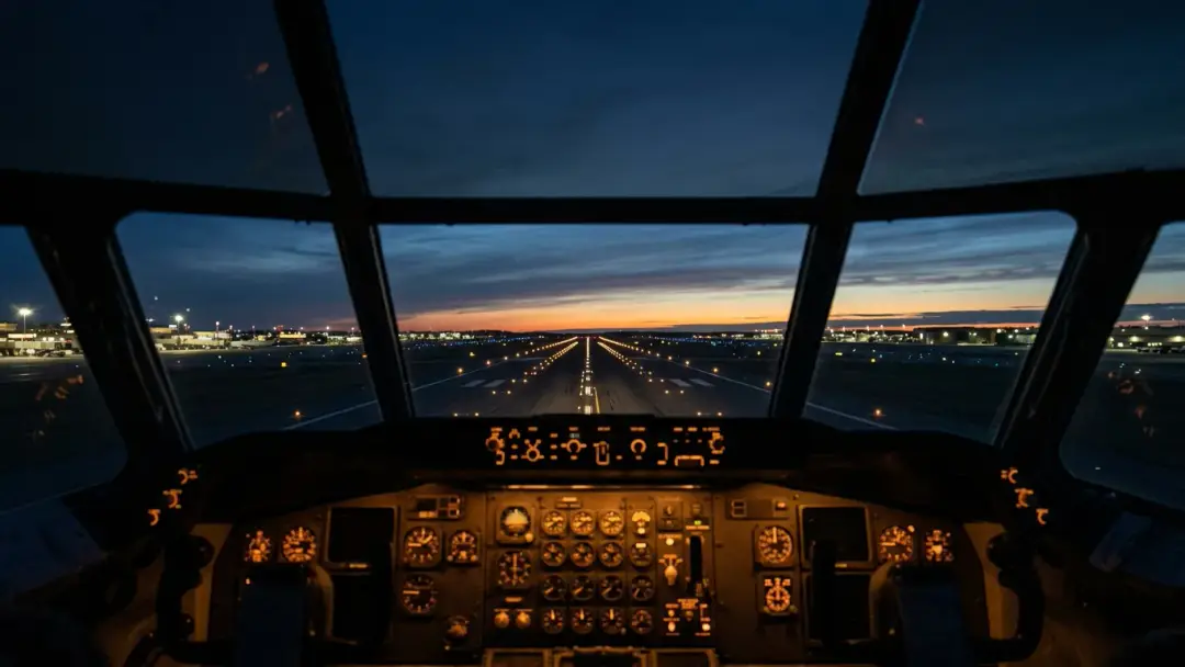 View from a dim cockpit at blue hour down a runway lined with amber lights